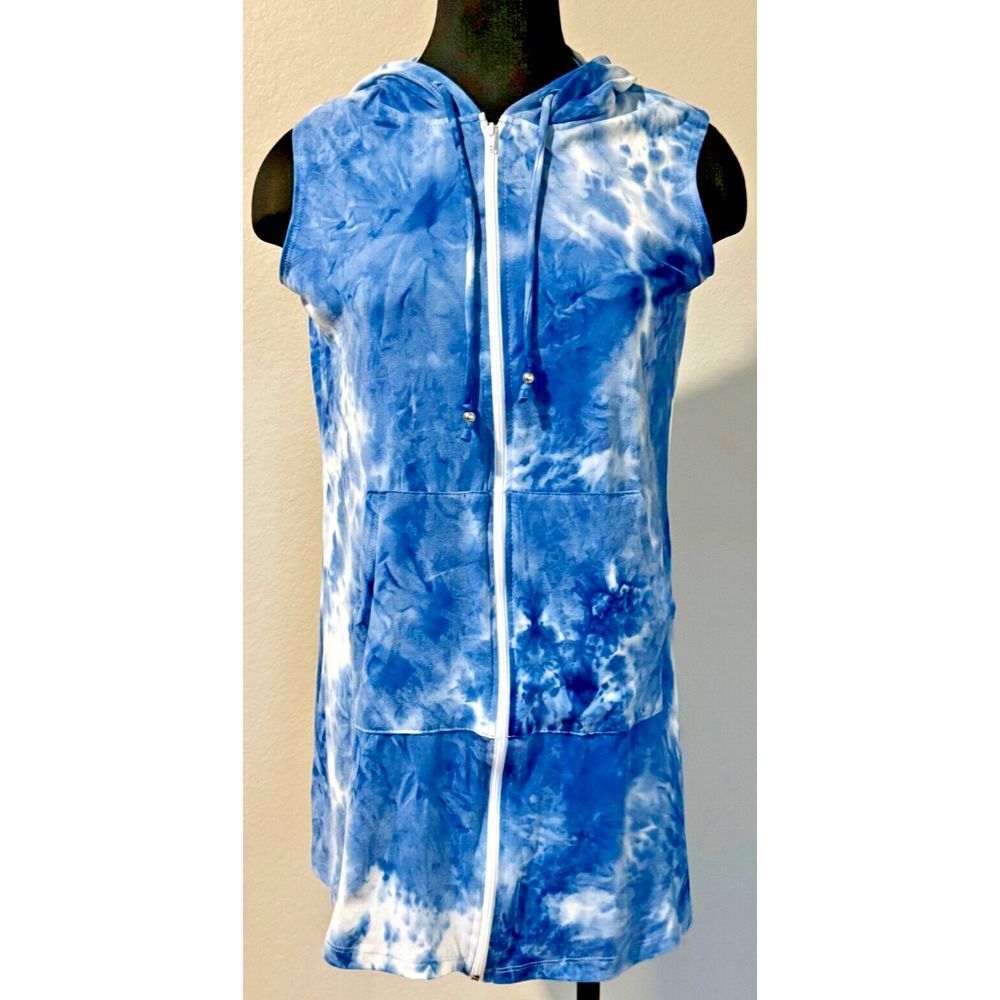 J Valdi Swim Hoodie Cover Up Dress Women Sm Blue Tie Dye Hooded Full Zip Pockets